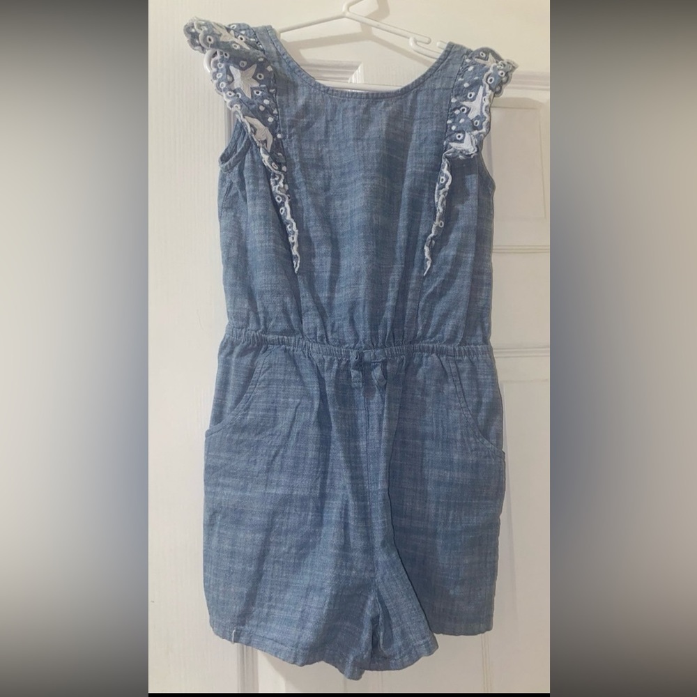 Cat & jack girl denim ruffle open back romper size M(7/8)